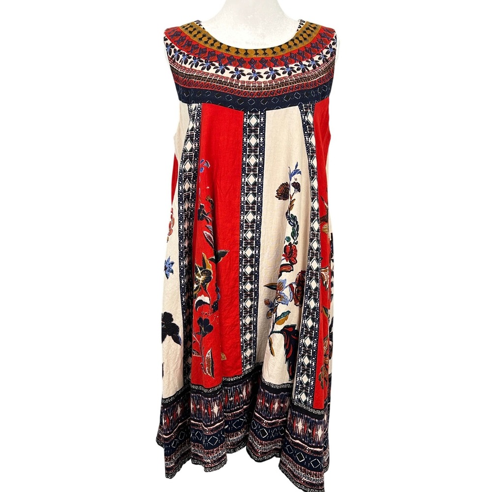 Maeve Anthropologie Floral Geometric Cotton Linen Swing Dress Red Cream Large